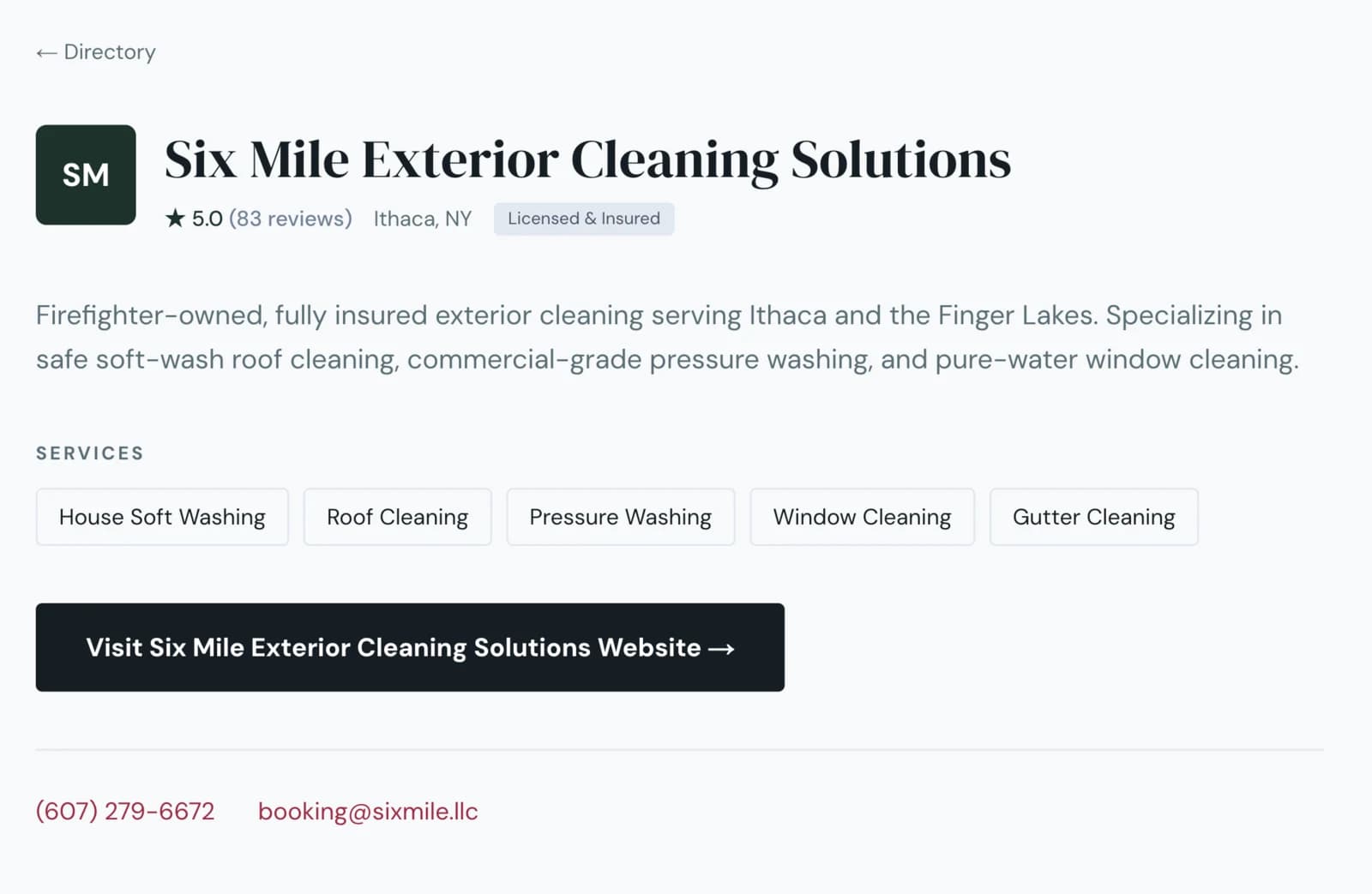 Six Mile Exterior Cleaning Solutions business profile page on local.6mi.app, showing the business name, 5.0 star rating from 83 reviews, Licensed & Insured badge, service list, and contact info